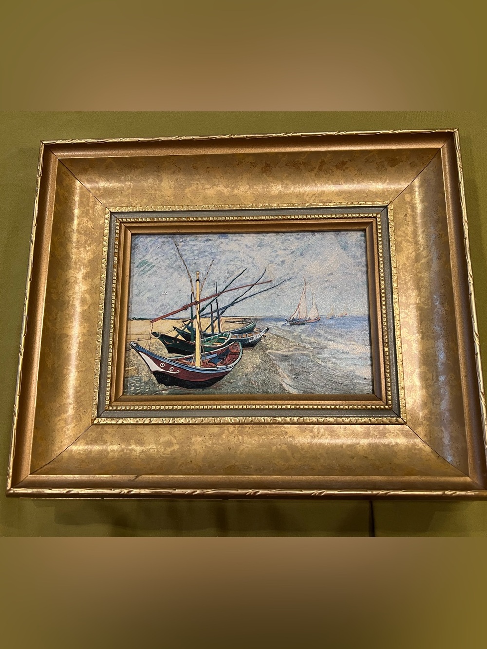 Framed Vtg hand-painted reproduction studio Van Gogh Ornate 2” frame Fishing
